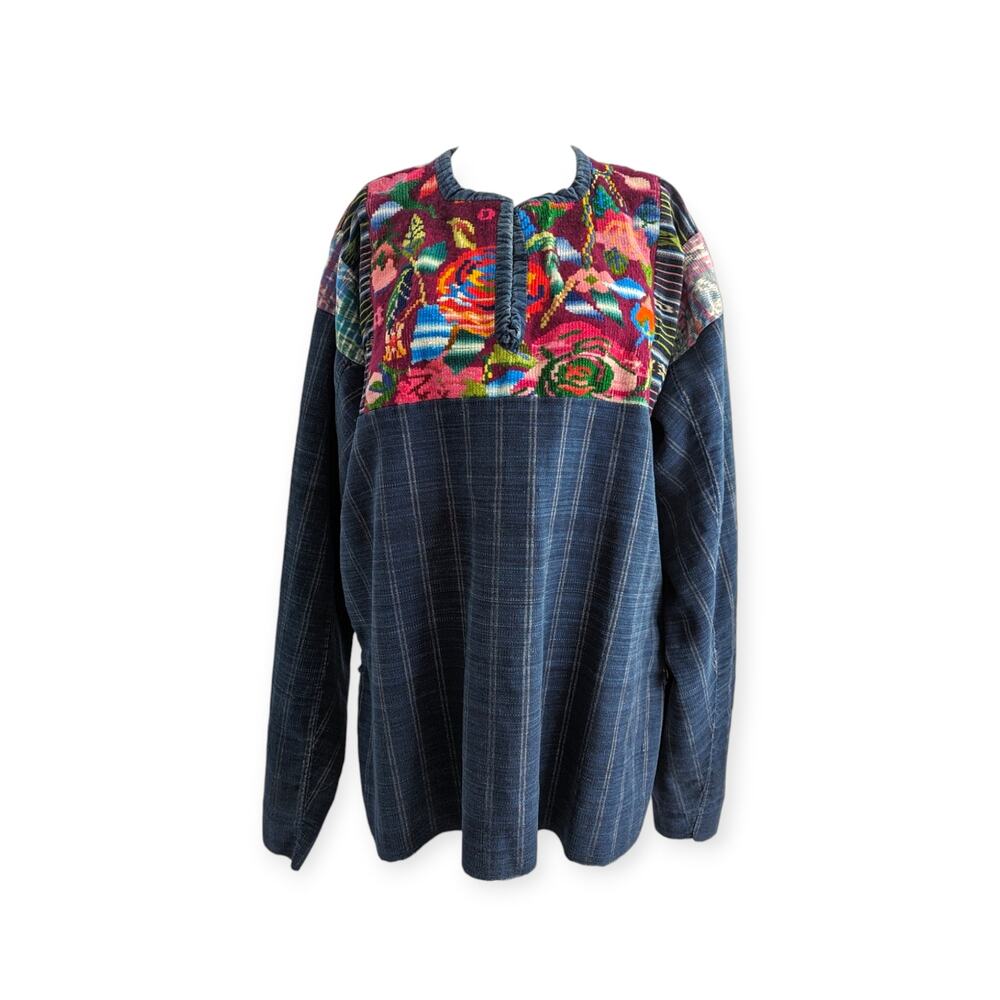 Vintage 1970s Indigo Mud Cloth Embroidered Blouse L Mixed Textiles